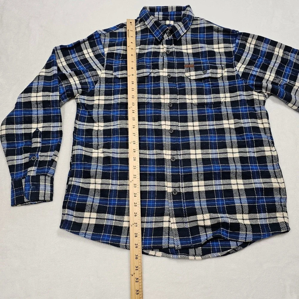 Orvis Flannel Shacket Shirt Mens L Blue Plaid Pocket Rugged Cabin Lumber